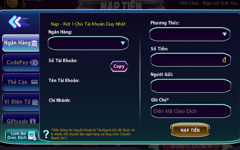 Các phương thức nạp tiền ở cổng game 789Club