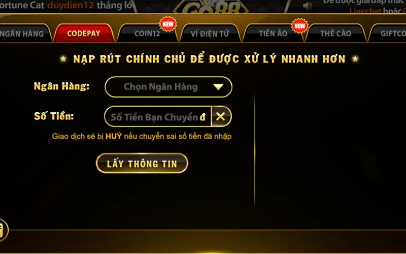 Hướng dẫn nạp tiền vào Go88